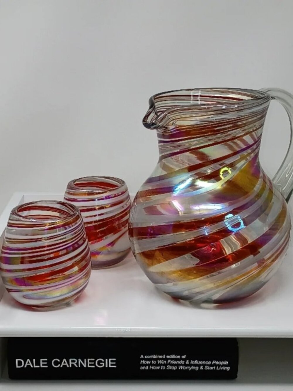 Eco Friendly Handblown Recycled Glass Pitcher Set with 2 Tumblers Red Swirl - Picture 2 of 5